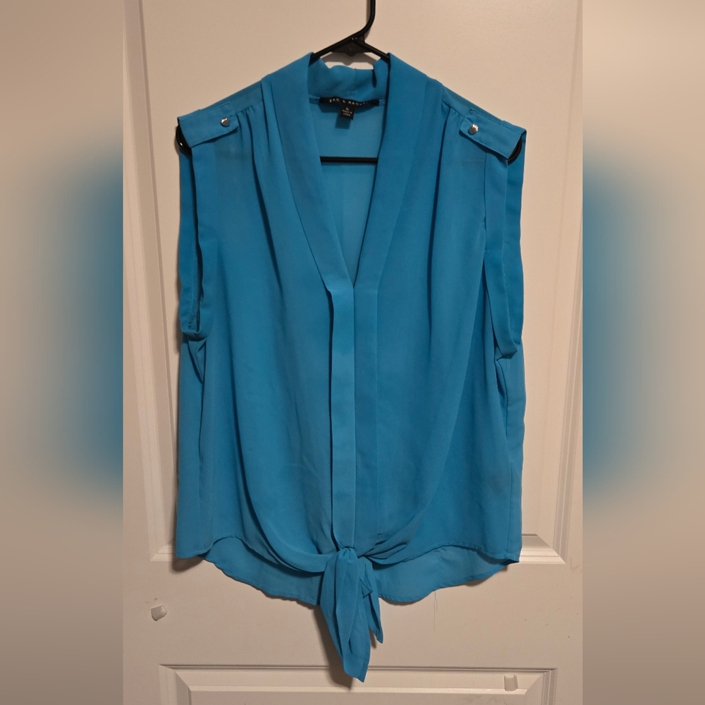 Zac & Rachel Blue Tie Front Notched Collar Blouse